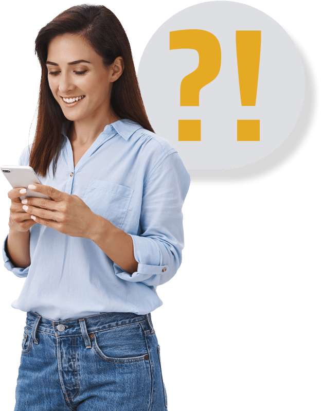 Donna con cellulare in mano sorride e vignietta con punto interrogativo ed esclamativo per risposta alle domande